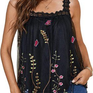Sleeveless Lace Sheer Mesh Floral Flower Butterfly Embroidered Cami Tank Top S